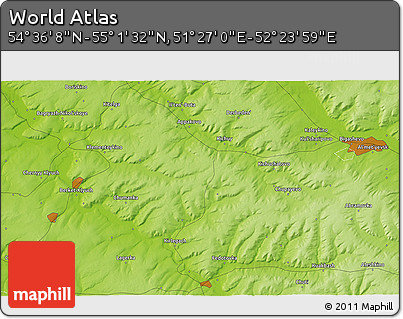 Physical 3D Map of the Area around 54° 48' 50" N, 51° 55' 29" E