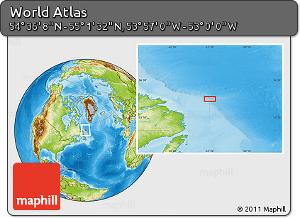 Physical Location Map of the Area around 54° 48' 50" N, 53° 28' 30" W