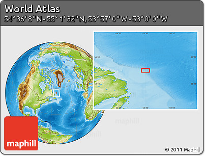 Physical Location Map of the Area around 54° 48' 50" N, 53° 28' 30" W