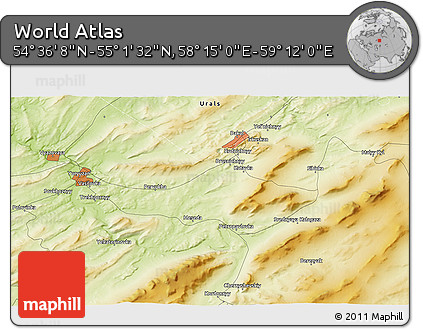 Physical 3D Map of the Area around 54° 48' 50" N, 58° 43' 30" E