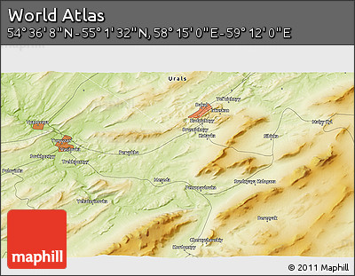 Physical 3D Map of the Area around 54° 48' 50" N, 58° 43' 30" E