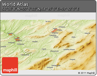 Physical 3D Map of the Area around 54° 48' 50" N, 58° 43' 30" E
