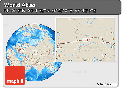 Shaded Relief Location Map of the Area around 54° 48' 50" N, 67° 13' 29" E