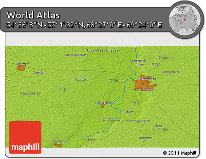 Physical 3D Map of the Area around 54° 48' 50" N, 68° 55' 30" E