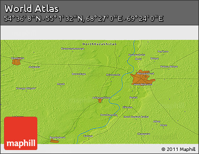 Physical 3D Map of the Area around 54° 48' 50" N, 68° 55' 30" E
