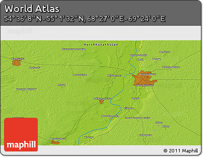 Physical 3D Map of the Area around 54° 48' 50" N, 68° 55' 30" E