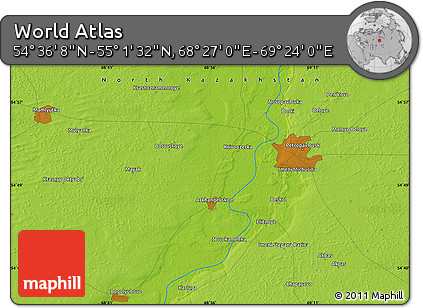 Physical Map of the Area around 54° 48' 50" N, 68° 55' 30" E