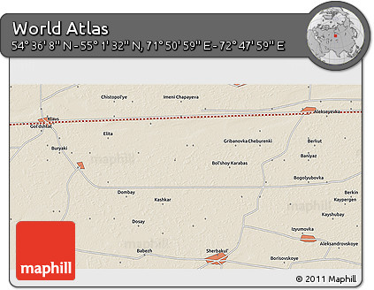 Shaded Relief 3D Map of the Area around 54° 48' 50" N, 72° 19' 29" E