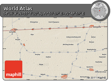 Shaded Relief Map of the Area around 54° 48' 50" N, 72° 19' 29" E