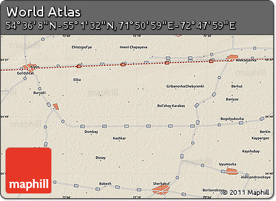 Shaded Relief Map of the Area around 54° 48' 50" N, 72° 19' 29" E