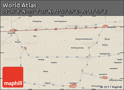 Shaded Relief Map of the Area around 54° 48' 50" N, 72° 19' 29" E