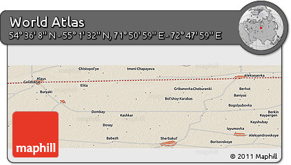 Shaded Relief Panoramic Map of the Area around 54° 48' 50" N, 72° 19' 29" E