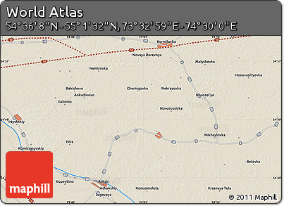 Shaded Relief Map of the Area around 54° 48' 50" N, 74° 1' 30" E