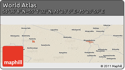 Shaded Relief Panoramic Map of the Area around 54° 48' 50" N, 74° 52' 30" E