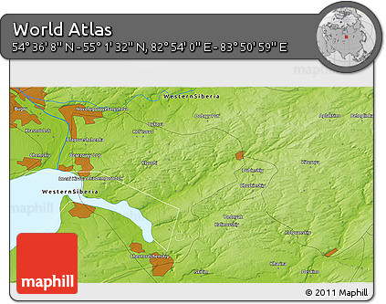 Physical 3D Map of the Area around 54° 48' 50" N, 83° 22' 30" E