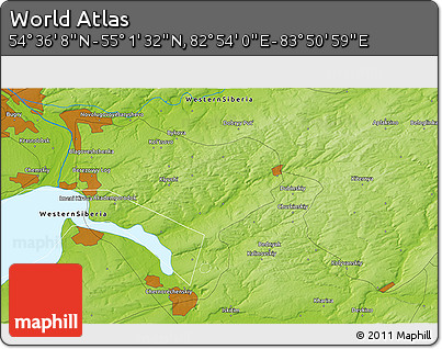 Physical 3D Map of the Area around 54° 48' 50" N, 83° 22' 30" E