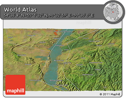 Satellite 3D Map of the Area around 54° 48' 50" N, 91° 1' 30" E