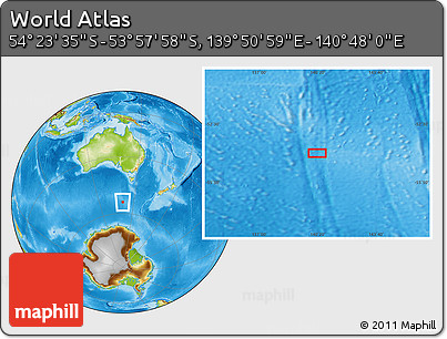 Physical Location Map of the Area around 54° 10' 47" S, 140° 19' 29" E