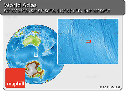 Physical Location Map of the Area around 54° 10' 47" S, 142° 52' 30" E