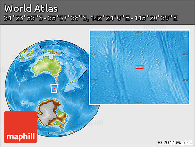 Physical Location Map of the Area around 54° 10' 47" S, 142° 52' 30" E