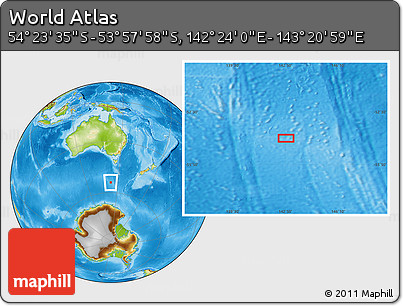 Physical Location Map of the Area around 54° 10' 47" S, 142° 52' 30" E