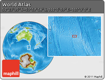 Physical Location Map of the Area around 54° 10' 47" S, 144° 34' 29" E