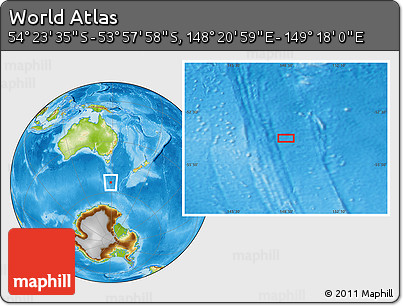 Physical Location Map of the Area around 54° 10' 47" S, 148° 49' 29" E