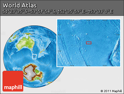 Physical Location Map of the Area around 54° 10' 47" S, 153° 4' 29" E
