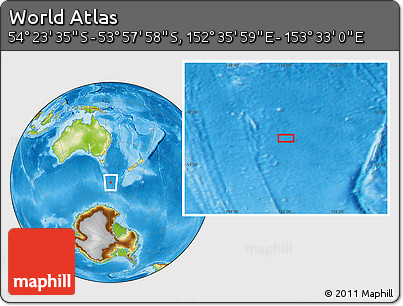 Physical Location Map of the Area around 54° 10' 47" S, 153° 4' 29" E