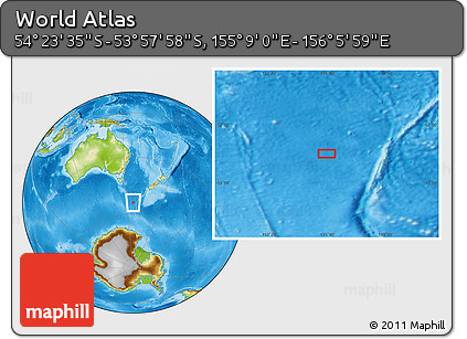 Physical Location Map of the Area around 54° 10' 47" S, 155° 37' 30" E