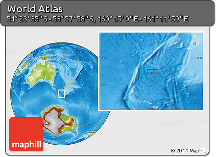 Physical Location Map of the Area around 54° 10' 47" S, 160° 43' 29" E