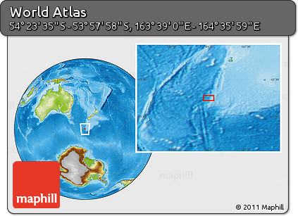 Physical Location Map of the Area around 54° 10' 47" S, 164° 7' 30" E