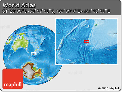 Physical Location Map of the Area around 54° 10' 47" S, 164° 7' 30" E