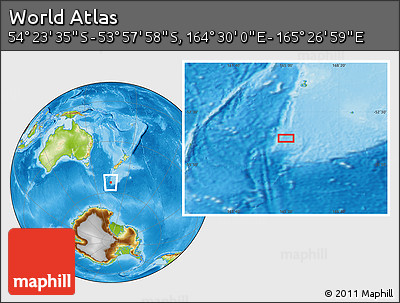 Physical Location Map of the Area around 54° 10' 47" S, 164° 58' 29" E