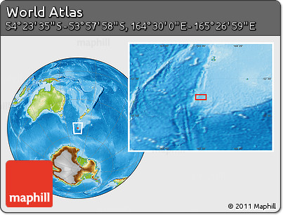 Physical Location Map of the Area around 54° 10' 47" S, 164° 58' 29" E