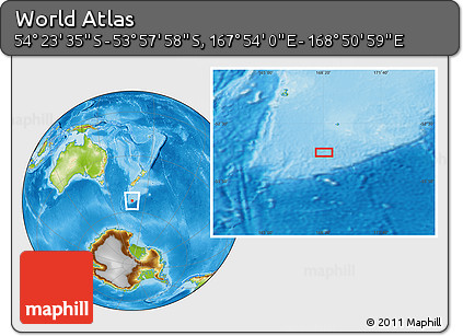 Physical Location Map of the Area around 54° 10' 47" S, 168° 22' 30" E