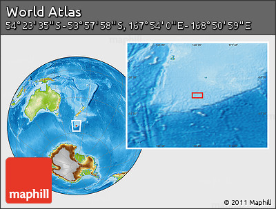 Physical Location Map of the Area around 54° 10' 47" S, 168° 22' 30" E