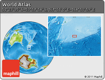 Physical Location Map of the Area around 54° 10' 47" S, 168° 22' 30" E