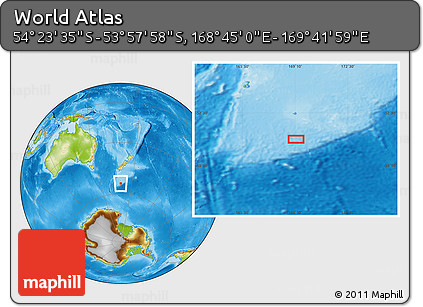 Physical Location Map of the Area around 54° 10' 47" S, 169° 13' 29" E
