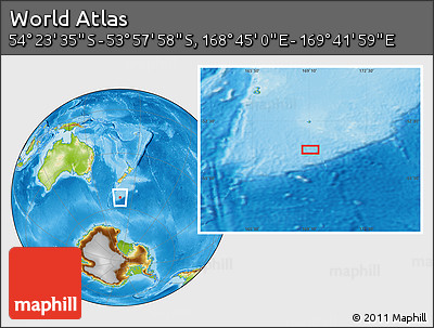 Physical Location Map of the Area around 54° 10' 47" S, 169° 13' 29" E