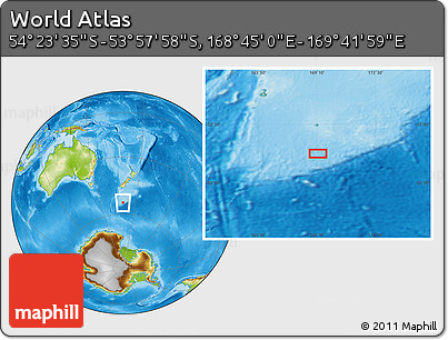 Physical Location Map of the Area around 54° 10' 47" S, 169° 13' 29" E