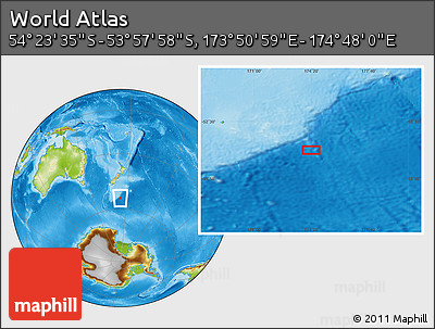 Physical Location Map of the Area around 54° 10' 47" S, 174° 19' 29" E
