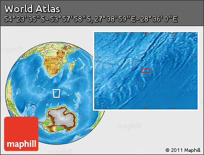Physical Location Map of the Area around 54° 10' 47" S, 28° 7' 30" E
