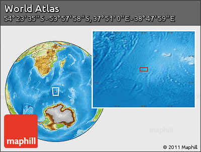 Physical Location Map of the Area around 54° 10' 47" S, 38° 19' 30" E