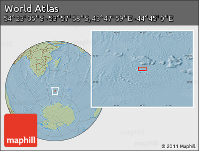 Savanna Style Location Map of the Area around 54° 10' 47" S, 44° 16' 29" E, hill shading