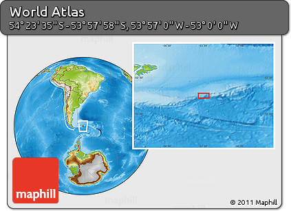 Physical Location Map of the Area around 54° 10' 47" S, 53° 28' 30" W