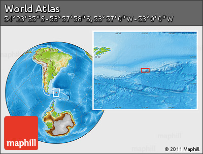 Physical Location Map of the Area around 54° 10' 47" S, 53° 28' 30" W