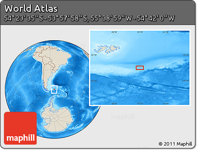 Shaded Relief Location Map of the Area around 54° 10' 47" S, 55° 10' 29" W