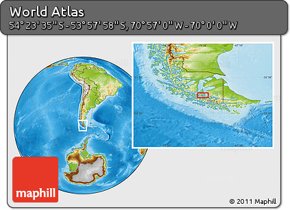 Physical Location Map of the Area around 54° 10' 47" S, 70° 28' 29" W