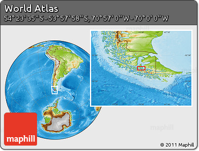 Physical Location Map of the Area around 54° 10' 47" S, 70° 28' 29" W